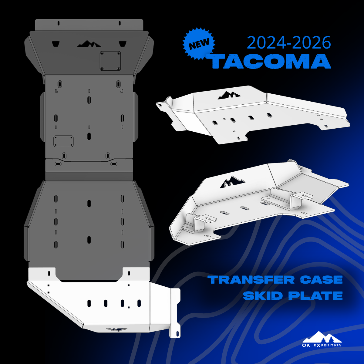 Transfer case skid plate for New 2024-2026 Tacoma with OK Expedition branding.
